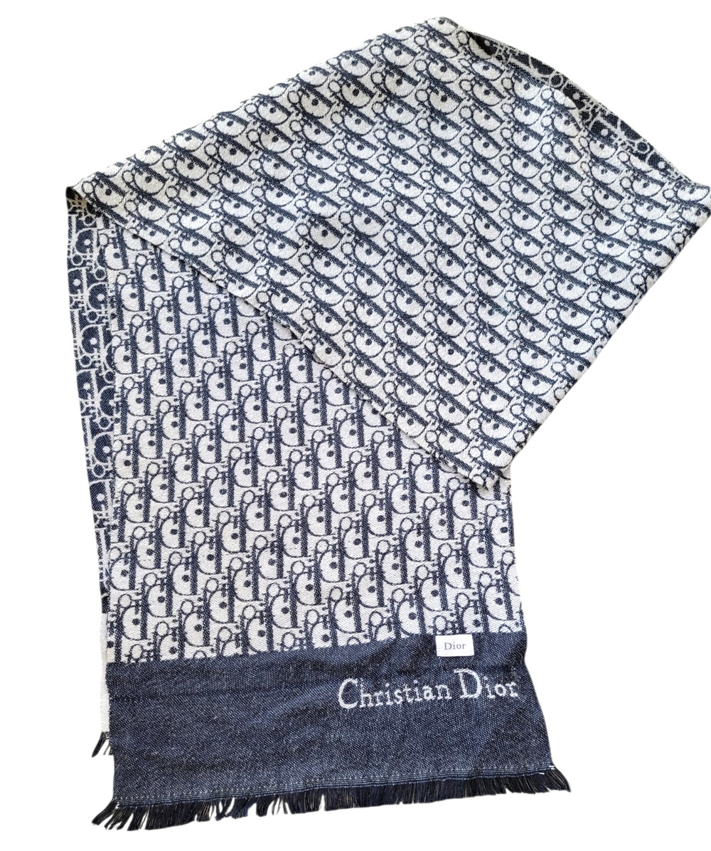 Christian Dior MONOGRAM Oblique 100% Cashmere Scarf Navy Blue & Cream 74"x12"
